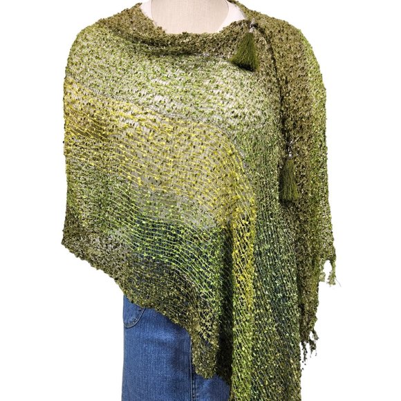 Olive Green Silver Stripe Poncho Vest Scarf Adjustable Tassel… - Picture 4 of 4